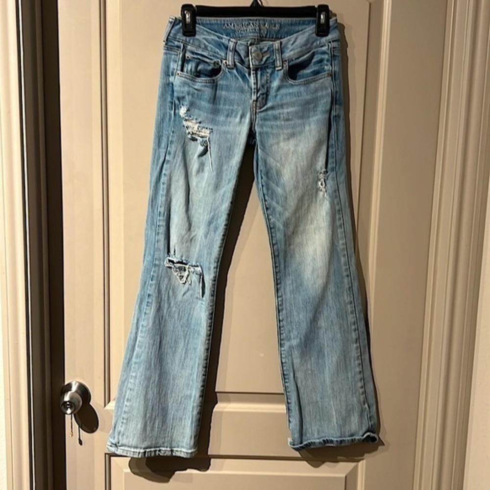 American Eagle Outfitters Light Blue Flare Jeans with Distressed Details EUC